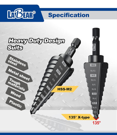 1/4 to 1-3/8 Inch HSS Step Drill Bit for Metal, Plastic, Wood, Heavy Duty Unibit with Multi Hole Sizes