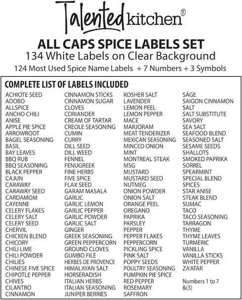 Talented Kitchen 134 Preprinted Minimalist Spice Labels, Bold White Seasoning Labels for Organization