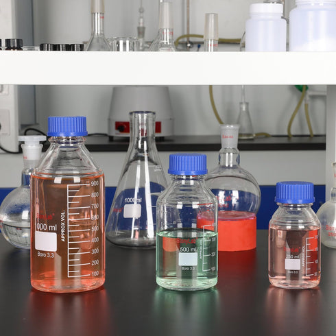 stonylab Graduated Storage Bottles with GL45 Screw Cap, 500 ml Borosilicate Glass Clear Round Lab Bottles