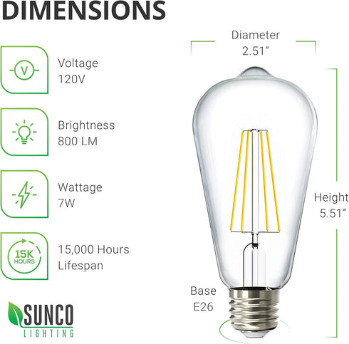 Sunco Lighting - 4 Pack Dusk to Dawn Light Bulbs LED Edison 3000K Warm White, CRI90 7W Equivalent 60W, Vintage Style ST64 Extra Bright Automatic Bulb, 800 Lumens, E26 Base, Light Sensing Outdoor UL by Sunco Lighting
