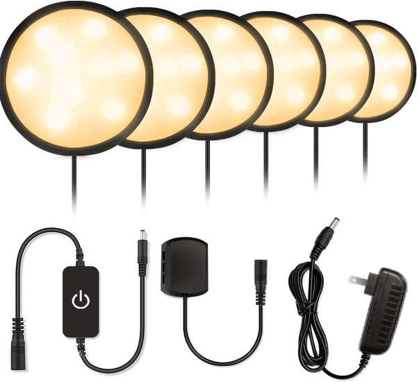 YGS-Tech LED Under Cabinet Lighting Kit, 1020 Lumens LED Puck Light, 3000K Warm White, Touch Dimming, 6-Pack