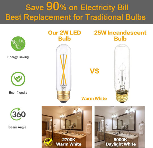 T10 LED Bulbs, 2W Dimmable Tubular, 25 Watt Equivalent, E26 Long Tube Lamp, 2700K Warm White, 6 Pack