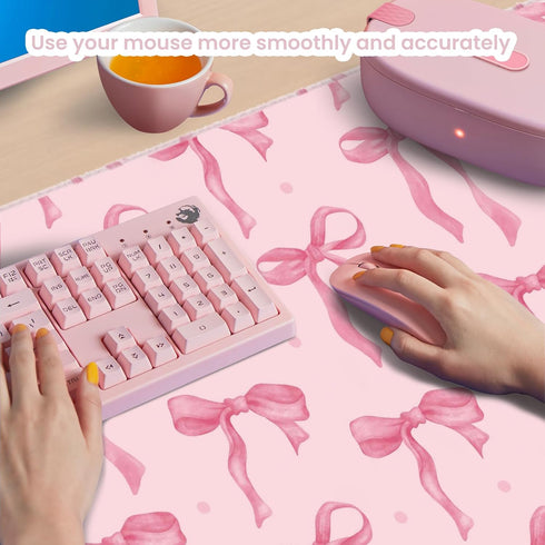 Wirfray 23.6" 11.8" Pink Mouse Pad, Pink Desk Mat Bows Laptop Pad Computer Mat, Gaming Keyboard and Mouse Pad Non-Slip