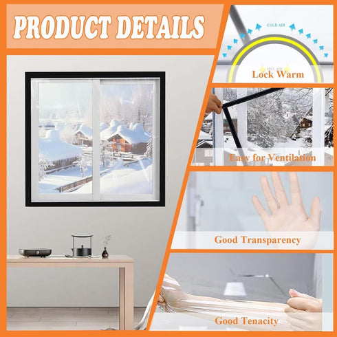 VOLLENC 100x180cm Window Sealer BlackPlastic for Window for Winter with Full Frame Magic Strip Keep Cold Out Door Cover