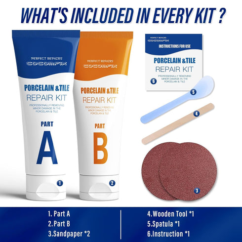 Porcelain Repair Kit for Sink & Tub, White Chip Repair Kit, Quickly Fix Cracks, Holes & Scratches with Super Adhesion