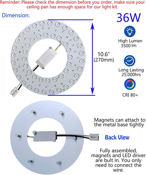 36W 3 Color Temperature LED Flush Mount Ceiling Fan Light Kit Replacement LED Light Board Panel,Retrofit LED Light