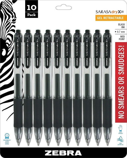 Zebra Pen Sarasa Dry X20 Retractable Gel Pen, 0.7mm Medium Point, Black Ink, 10-Pack (Packaging May Vary)