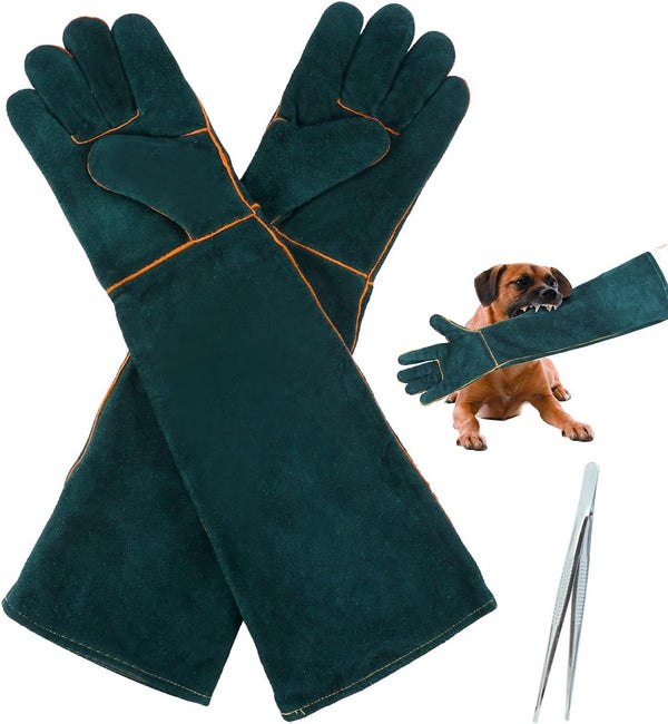 1 Pair Animal Handling Gloves, Bite Proof Leather Welding Gloves, 24.4in Reinforced with 2 Tweezers for Dog Training
