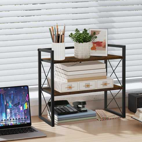 YINMIT Desktop Shelf Organizer - 2 Tier Wood Desk Storage Rack and Freestanding Display Shelf for Office, Home,