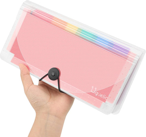 Uquelic 2Pack Desk Stand Receipt Folder, 13 Pockets Expanding Coupons Storage with Label, 10 x 5 inch (Double Clear)