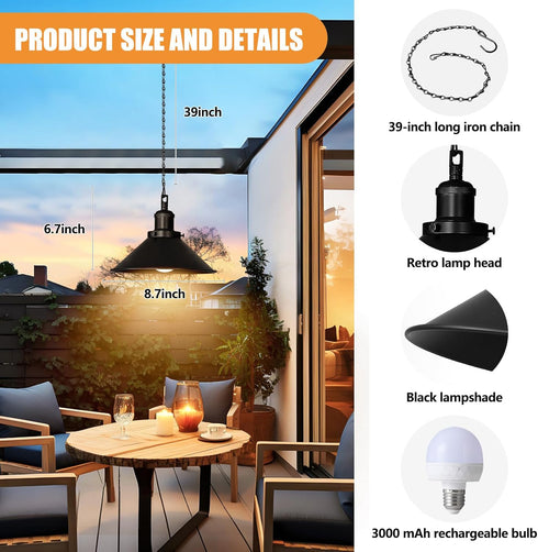 Bailoch 1 Pack Black Portable Battery Operated Hanging Light, Rechargeable Wireless Outdoor Pendant Light with Remote