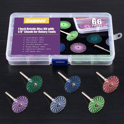 Swpeet 66Pcs 1 Inch Mixed Grit Radial Bristle Disc Abrasive Brush Kit with 1/8" Shank for Rotary Tools