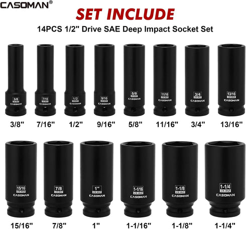 14PCS 1/2" Set, 6-Point, 3/8" 1-1/4", CASOMAN Drive Deep Impact Socket SAE, CR-MO, to for Auto Repair, Mechanic