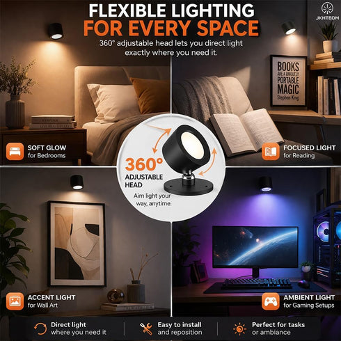 JKHTBDM 3 Dimmable, 360 (2 Pack) Wall Mounted Lights,Rechargeable RGB Color Changing Wall Sconces, Color Temps & Remote