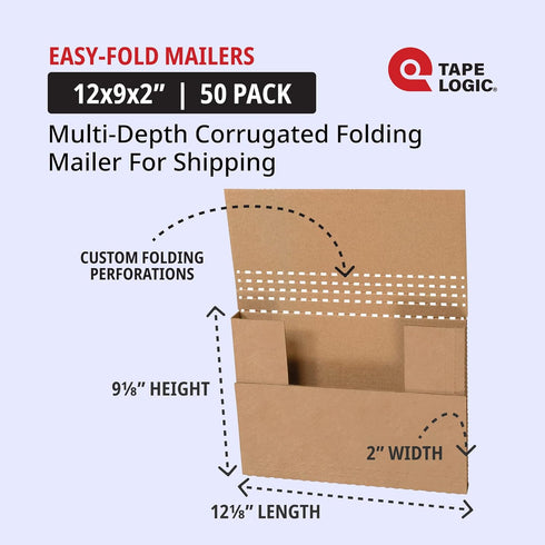 Tape Logic TLM2BKK Easy-Fold Mailers, 12 1/8" x 9 1/8" x 2", Kraft, Pack of 50