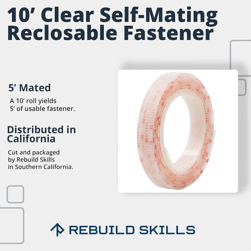 Industrial Strength 1" x10ft Clear Scotch Self Mating Reclosable Fasteners, Stick-On Adhesive, No Tools Needed, Home Decor, Classroom, Office, Cars, Indoor-Outdoor Waterproof Compatible with SJ3560 by REBUILD SKILLS