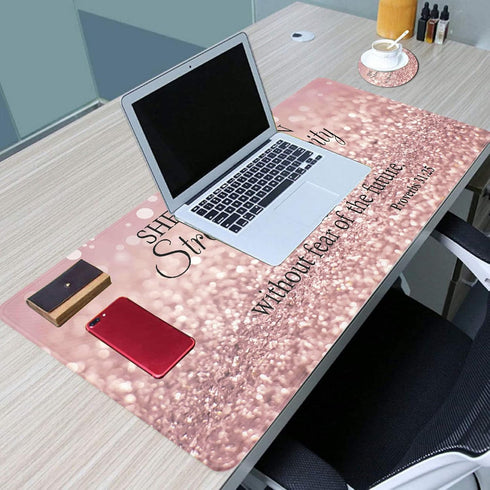 Large Gaming Mouse Pad - Long Extended XL Ergonomic Desk Pad, 31.5'' X 11.8', Proverbs 31:25, Pink Glitter Design