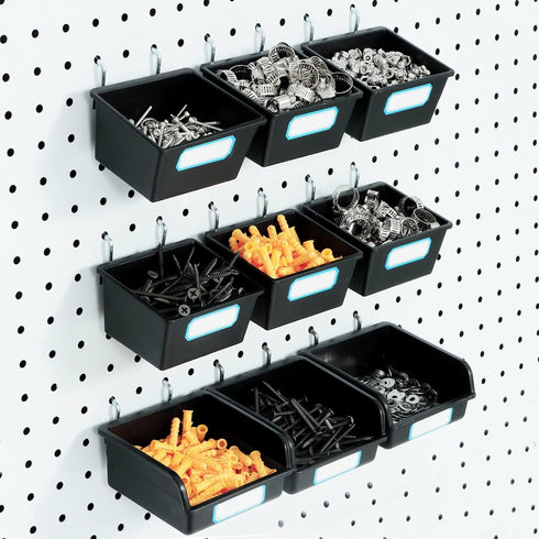 Pegboard Bins with Hooks and Labels FRIMOONY, 6 Pack Type A and 6 Pack Type B, Black