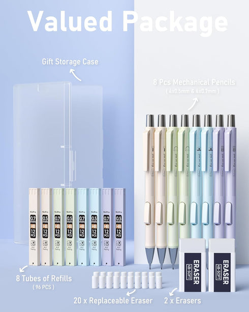 Nicpro 8PCS Pastel Mechanical Pencil Set 0.5 & 0.7 mm, Cute Fast Click Pencils with 8 Tubes HB Lead Refills and Erasers