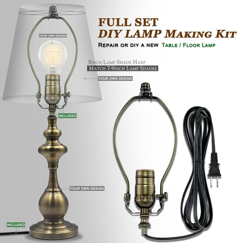 3-Way Set, 2) Lamp Making Kit, Make a Lamp or Repair Kit, Light Socket with Matching Cord and Harp Wiring Kit for Table
