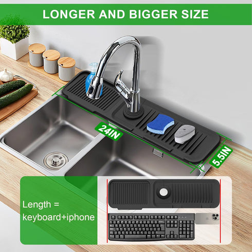 Sink Splash Guard, 5 Slope Silicone Draining Mat for Kitchen Sink, 24 inch Sink Faucet Mat, Silicone Sink Faucet Mat Splash Guard, Sink Water Splash Guard, Sink Accessories for Kitchen, Bathroom