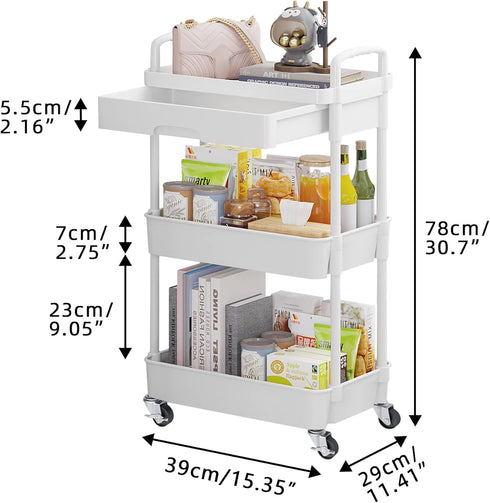 Calmootey 3-Tier Rolling Utility Cart with Drawer, Multifunctional Storage Organizer for Kitchen, Bathroom, Office