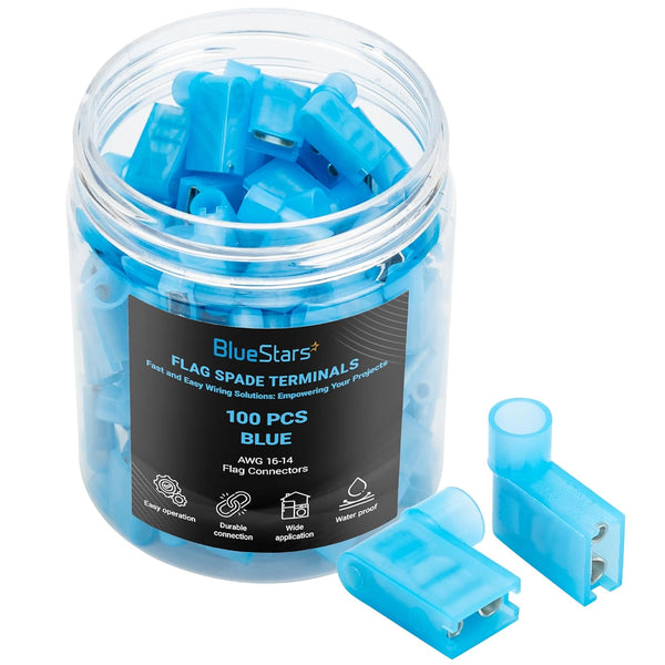 BlueStars 100 PCS Blue Flag Spade Terminals Female, AWG 16-14, 400V, 15A Electrical Connectors Kit