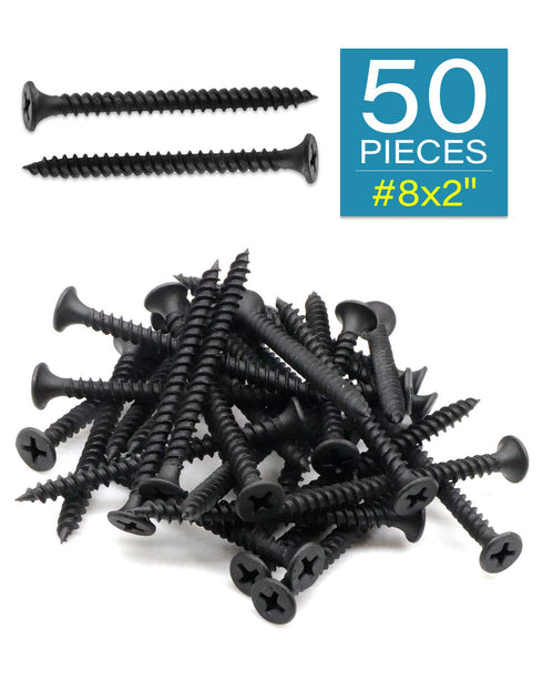 50pcs #8 x 2 Flat Head Phillips Drywall Screws, Fine Thread, Carbon Steel 1022A, Black Phosphate