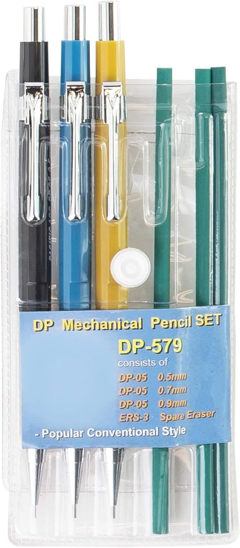 Pacific Arc Mechanical Pencil Set, .5 mm, .7mm, .9 mm with 3 Spare Erasers, Refillable Lead Pencil Holder for Drafting,