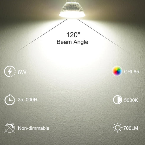 DiCUNO GU10 LED Light Bulbs, 6W 60W Halogen Replacement, Bright Daylight White 5000K, 700LM, 120 Degree Beam Angle,