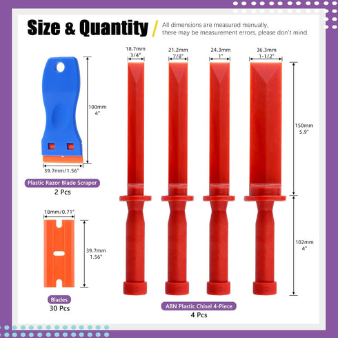 Swpeet 36Pcs Plastic Chisel and Blade Scraper Tools, 3/4" 7/8" 1" 1-1/2" Assortment Kit for Adhesive, Caulk, Labels