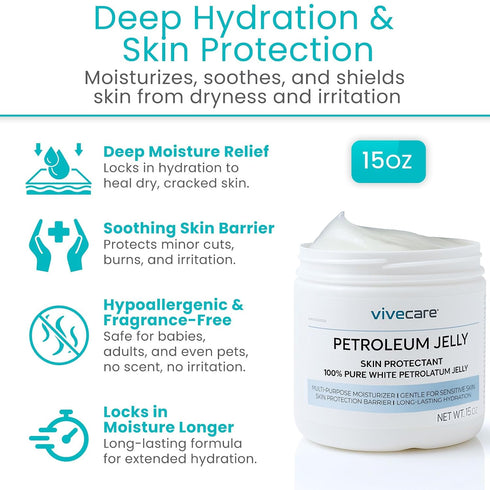 15oz 100% (15oz) Vivecare Petroleum Jelly - Pure White Petrolatum Skin Protectant - Moisturizer for Dry, Cracked Skin