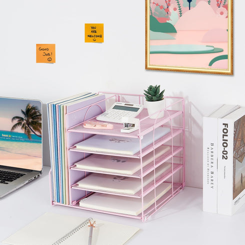 Desk Organizers and Accessories, 5-Tier Reference System with File Holder, Pink Office Supplies