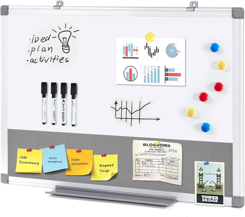 Magnetic White Board and Bulletin Cork Board Combination, 24 x 18 Inch Dry Erase Board Bulletin Combo Board for Home,
