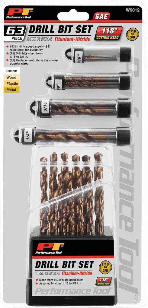 Performance Tool W9012: 63pc Titanium Drill Bit Set for Various Drilling Applications.