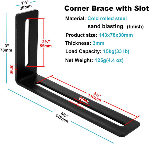 10 PCS Black Adjustable L-Shape Corner Brace, 5-5/8" Steel Joint Right Angle Brackets for Furniture, Max Load 30 LB