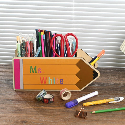 TINGKU 10" Wooden Pen Holder - Pencil Shape Supply Caddy for Teacher Appreciation Gifts, Classroom Organizer & Storage