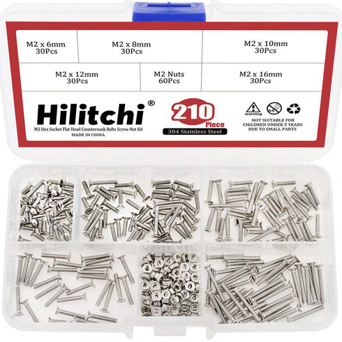 Hilitchi 210-Piece Metric M2 Hex Socket Flat Head Bolts Screw Nut Assortment Kit - 304 Stainless Steel