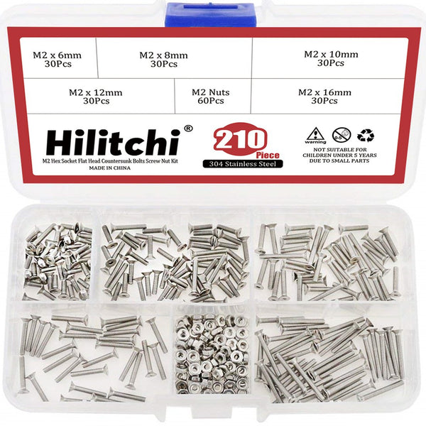 Hilitchi 210-Piece Metric M2 Hex Socket Flat Head Bolts Screw Nut Assortment Kit - 304 Stainless Steel