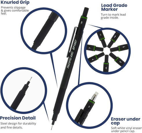 Pacific Arc Chromagraph Metal Mechanical Pencil, 0.7mm, Black Barrel for Drafting, Sketching, Drawing