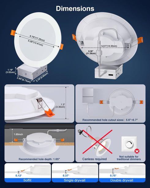 6 Inch, 1500 Dimmable 1 Pack Smart Recessed Lighting Color Changing Canless Ceiling Lights with Junction Box, Lumen