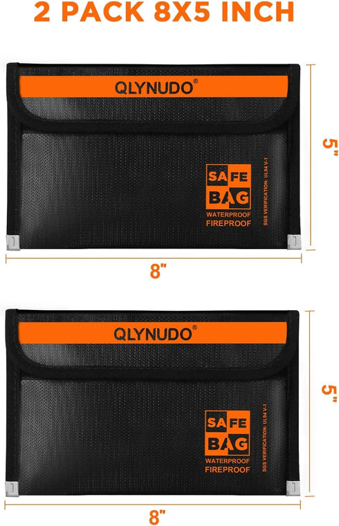 QLYNUDO (8x5", 2-Pack Set Small Fireproof Document Bag External Size), Fireproof Money Bag for Cash with Waterproof