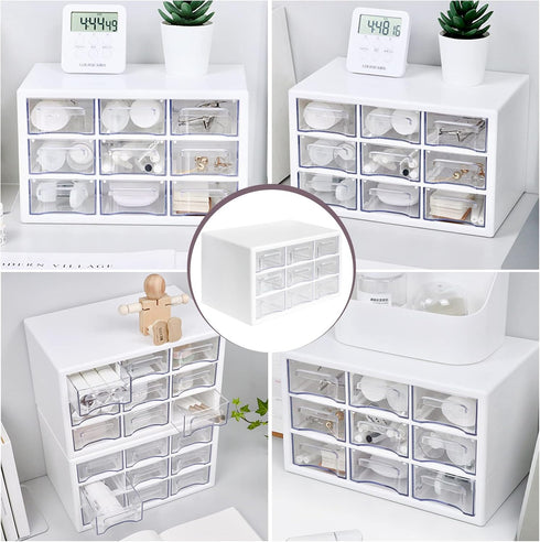 Desk Storage Organizer with 9 Drawers, MYKASEN Clear Plastic Storage Cabinet, Stackable Box for Makeup, Office Supplies