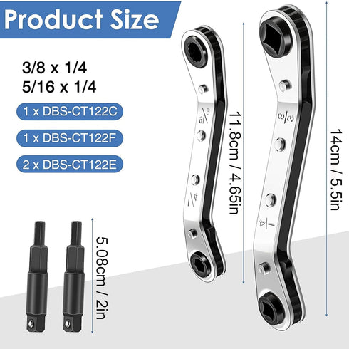 HVAC Service Wrench Set: 3/8 1/4 5/16 Ratchet Wrench with 2 Bit Adapter for Equipment Repair