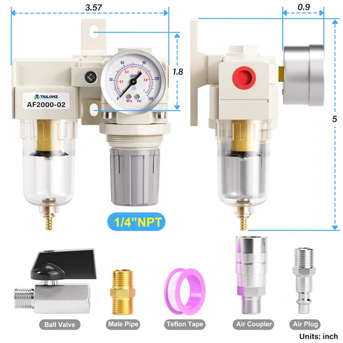TAILONZ PNEUMATIC 1/4 Inch NPT 2 in 1 Air Filter Pressure Regulator Combo Piggyback, Air Tool Compressor Filter with Gauge AF2000+AR2000