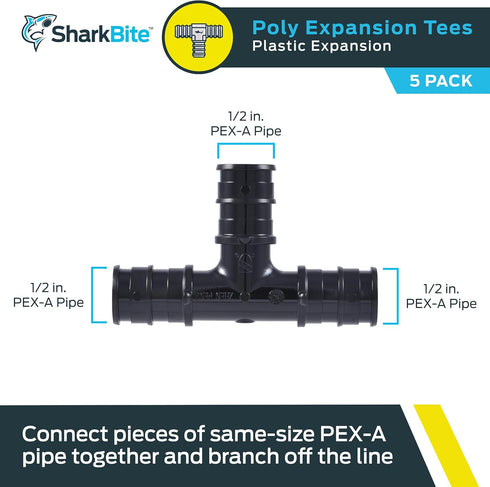 SharkBite 1/2 Inch Poly Expansion Tee for PEX-A Pipe, Pack of 5, Plastic Plumbing Fittings, Tee Coupling for PEX-A Tubing, UA362A5 by SharkBite