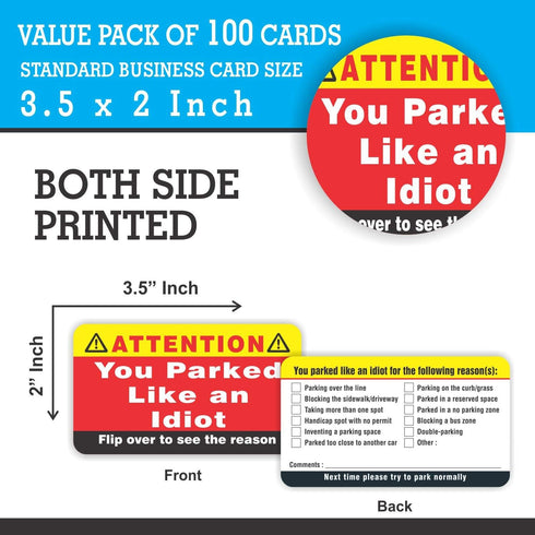 PARTH iMPEX You Parked Like an Idiot Business Cards - Pack of 100 Bad Parking Cards, 3.5"x2"