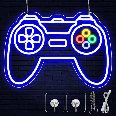 Gamer Neon Sign for Teen Boys Girls Gift Blue Gamepad Shaped LED