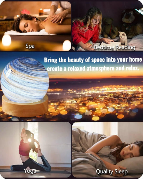Pexylun 3 Dimmable White Planet Night Light Glass Bedside with Wooden Base Modes - Swirl Planet Table Lamp for Bedroom