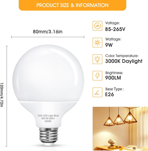 Vanity Light Bulbs for Bathroom, G25 LED Globe Light Bulb, 100 Watt Equivalent, 3000K Warm White, 4 Pack